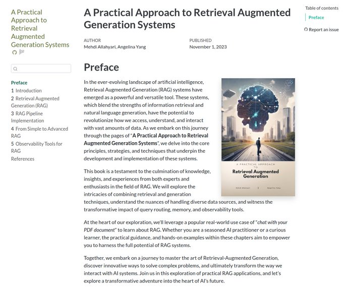 MehdiAllahyari's tweet photo. If you're looking for a practical resource to learn about RAG, my book "A Practical Approach to Retrieval Augmented Generation Systems", is available online for FREE!
Link: https://t.co/yxvasY7ygQ

To support this word, you can buy the pdf version: https://t.co/T1F0skuzIu https://t.co/QPU6RkaeTY