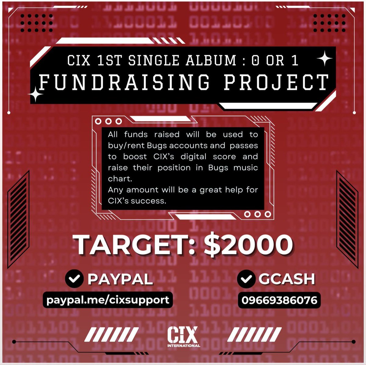 📢  <0 or 1> FUNDRAISING PROJECT 

As support for CIX's upcoming comeback on January 24th, we are opening fundraising drive for <0 or 1>.

Fund update will be very 3 days.

Fillup the form: bit.ly/48KO5gr

DM us for inquiries

#CIX #0_or_1fund