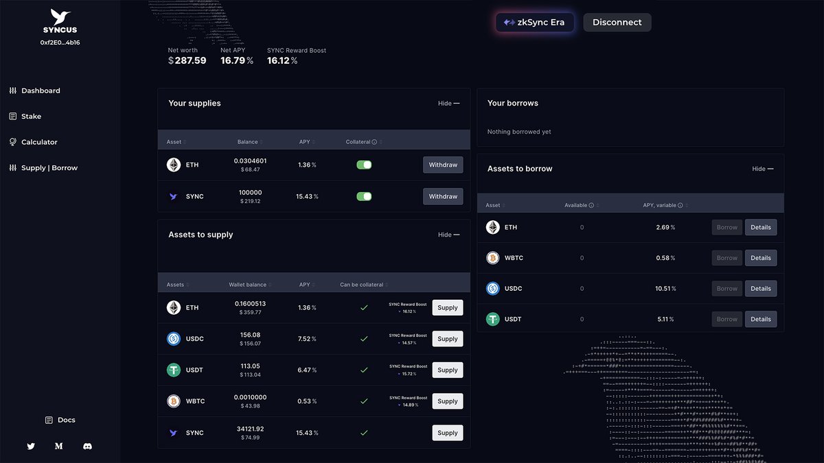 The only borrowing/lending platform on @zkSync is ready to be launched.

The best part?

ALL the fees generated by the platform will be shared to $SYNC stakers.

$SYNC can be used as collateral to borrow ETH, USDC, USDT and WBTC at a 85% LTV, a better alternative to selling with