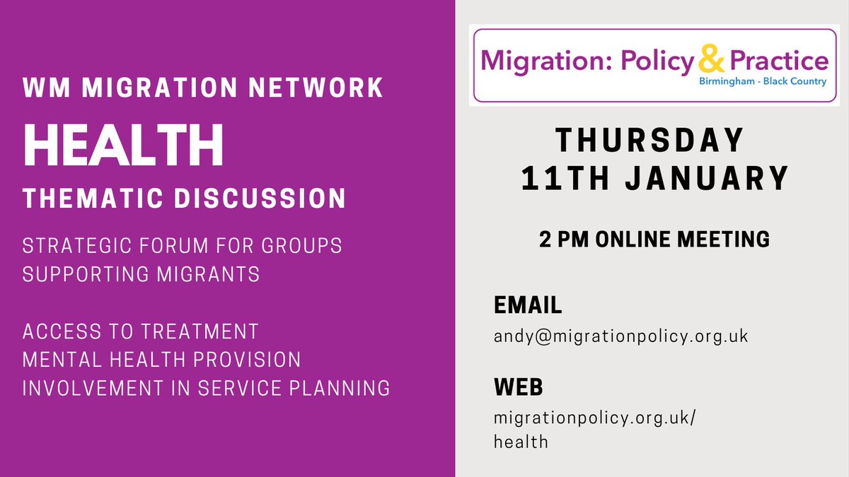 Our first Health Thematic Group meeting of the year will be held online next Thursday with our new Chair Shaida Bibi from Flourish @LegacyWM1. Join us to develop solutions to address migrant health inequalities in the region. More details here: migrationpolicy.org.uk/health/