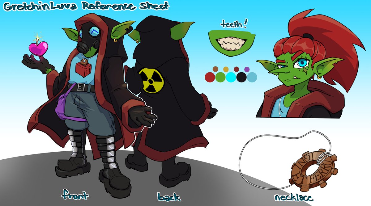 GretchinLuva's tweet photo. Hi I'm Gretchin the goblin merc, I stream miniature painting and gaming related stuff.

Character reference sheet n sketch page by @ginkoginkgo
Png tuber model by @lililunna_ 
Both wonderful artists that you should check out. https://t.co/rRIvlB5PDU