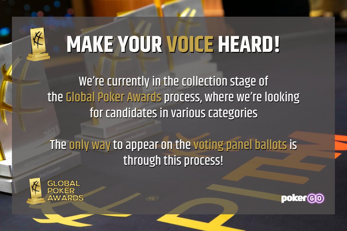gpi's tweet photo. 🌐♣️🏆 #GlobalPokerAwards

 ‼️ MAKE YOUR VOICE HEARD ‼️

The only way to appear on the voting panel ballots is through this process!

🗳️ Send us your nominees or fill in this form: https://t.co/5UdMLiNier https://t.co/rS8id3SQMT