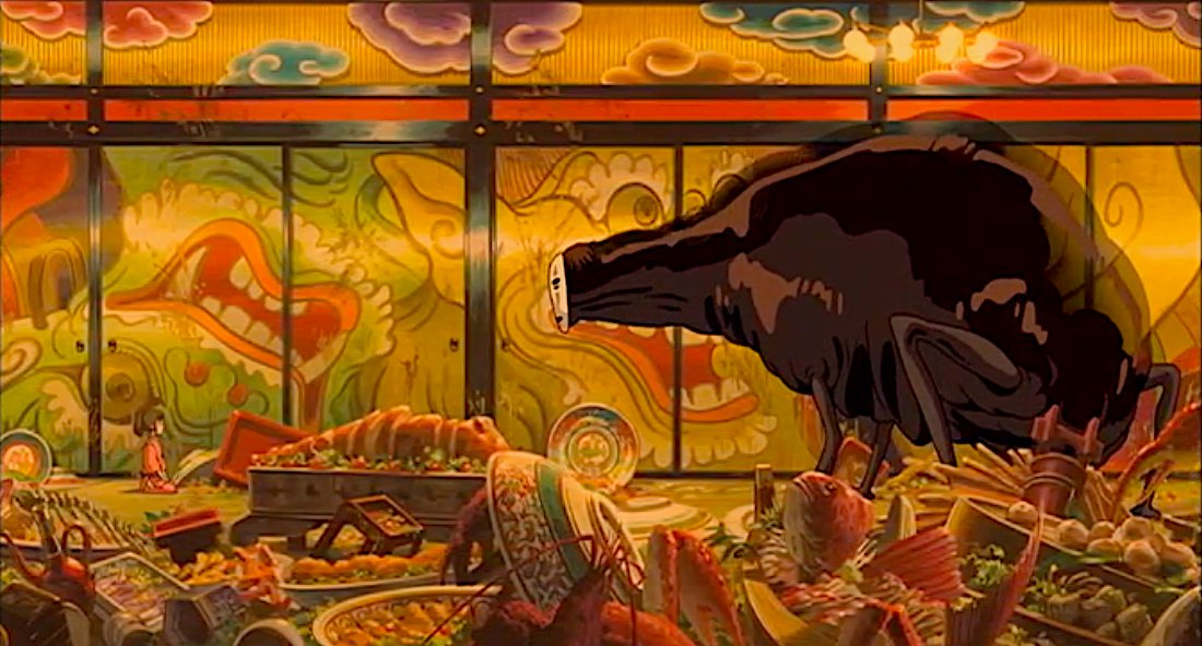 巨大化したカオナシと鬼の間で対峙する千尋のシーンは、レイアウト