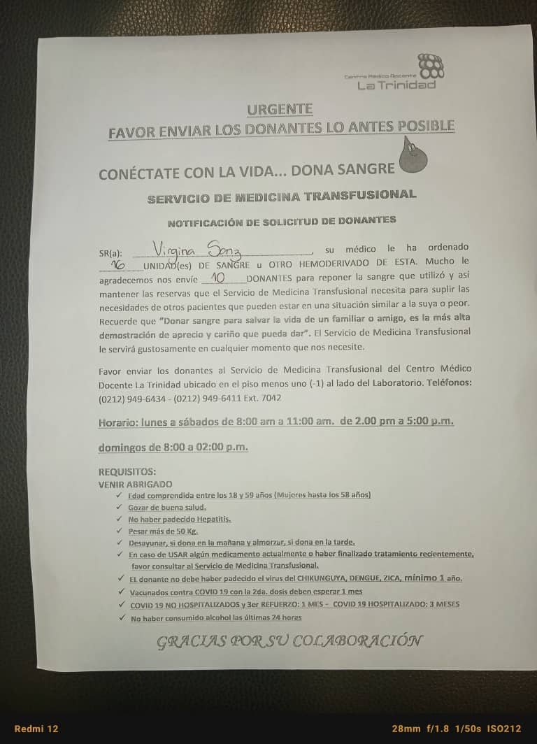 #5Ene24 Se necesitan urgentemente DIEZ (10) #donantesdesangre para la Dra. Virginia Sanz #IVIC, quien está internada en el Centro Médico Docente la Trinidad, Caracas; Piso -1, al lado del laboratorio.