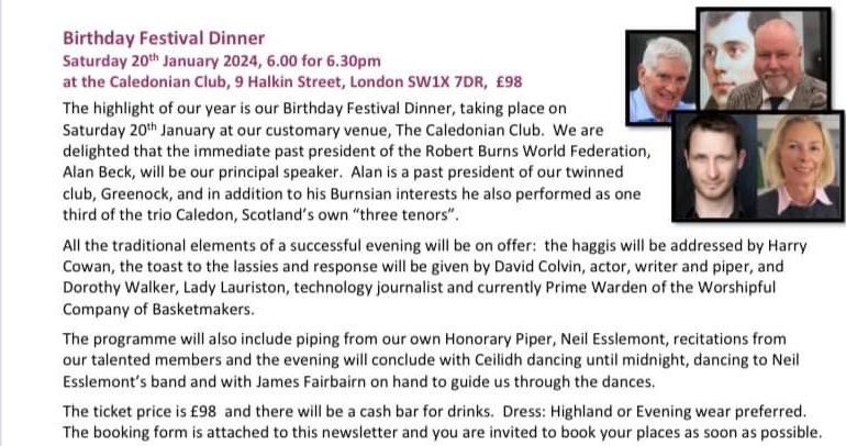 Hurray!!
Book your tickets for our fabulous Burns Birthday Festival Dinner on Saturday 20 Jan 6 for 6:30 til midnight if you can stay for ceilidh dancing
treasurer@bcol.org.uk