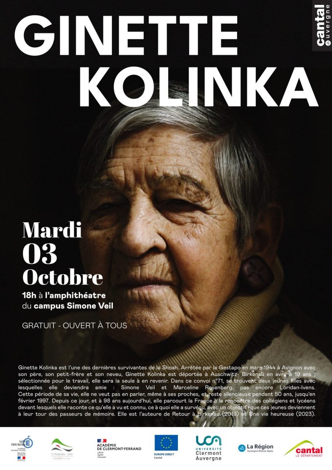 Le témoignage de Ginette Kolinka lors de sa venue à Aurillac le 3 octobre 2023 a fait l’objet d’une captation par les Archives départementales du Cantal.
Il est mis en ligne et accessible :
mediascol.ac-clermont.fr/com-daac/2023/…

<a href="/Dsden_15/">DSDEN du Cantal</a>