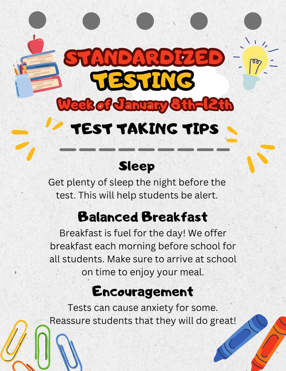 NettletonSTEAMe's tweet image. Just a reminder that students will be taking their standardized tests next week. Check out this flyer for some test taking tips!! 🖤💛
#STEAMe #StandardizedTests