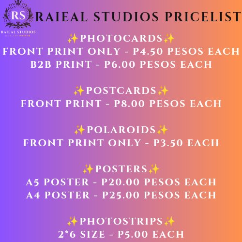 raiealstudios's tweet photo. Raieal Studios finally opens!

It's a one stop printing shop made for you to support your fangirling needs!

dm us for more info! https://t.co/pHc4GjiFkR