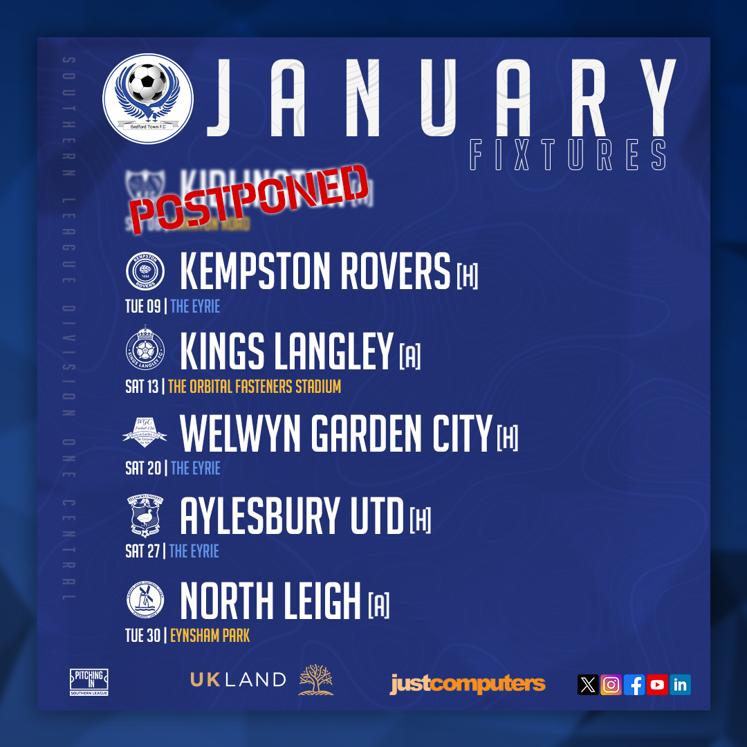 BedfordTown's tweet photo. 🫡 | Kicking off 2⃣0⃣2⃣4⃣

Well, with tomorrow's postponed fixture, here's how January is shaping up for The Eagles* 🦅

*𝘸𝘦𝘢𝘵𝘩𝘦𝘳 𝘥𝘦𝘱𝘦𝘯𝘥𝘦𝘯𝘵 ☔️

#COYE // #BeThe12th // #JanuaryFixtures https://t.co/CNSRhttL7u