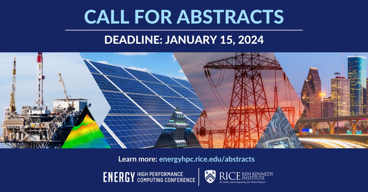 ricekenkennedy's tweet photo. Submit an abstract for the 2024 #EnergyHPC Conference! Accepted abstracts will be asked to present their research on March 5-6 in Houston, TX. Submissions are due Monday, January 15 at 11:59pm CT.
View the abstract template and submission details at https://t.co/TT9R5pJbI9. https://t.co/vo2zm70mTD