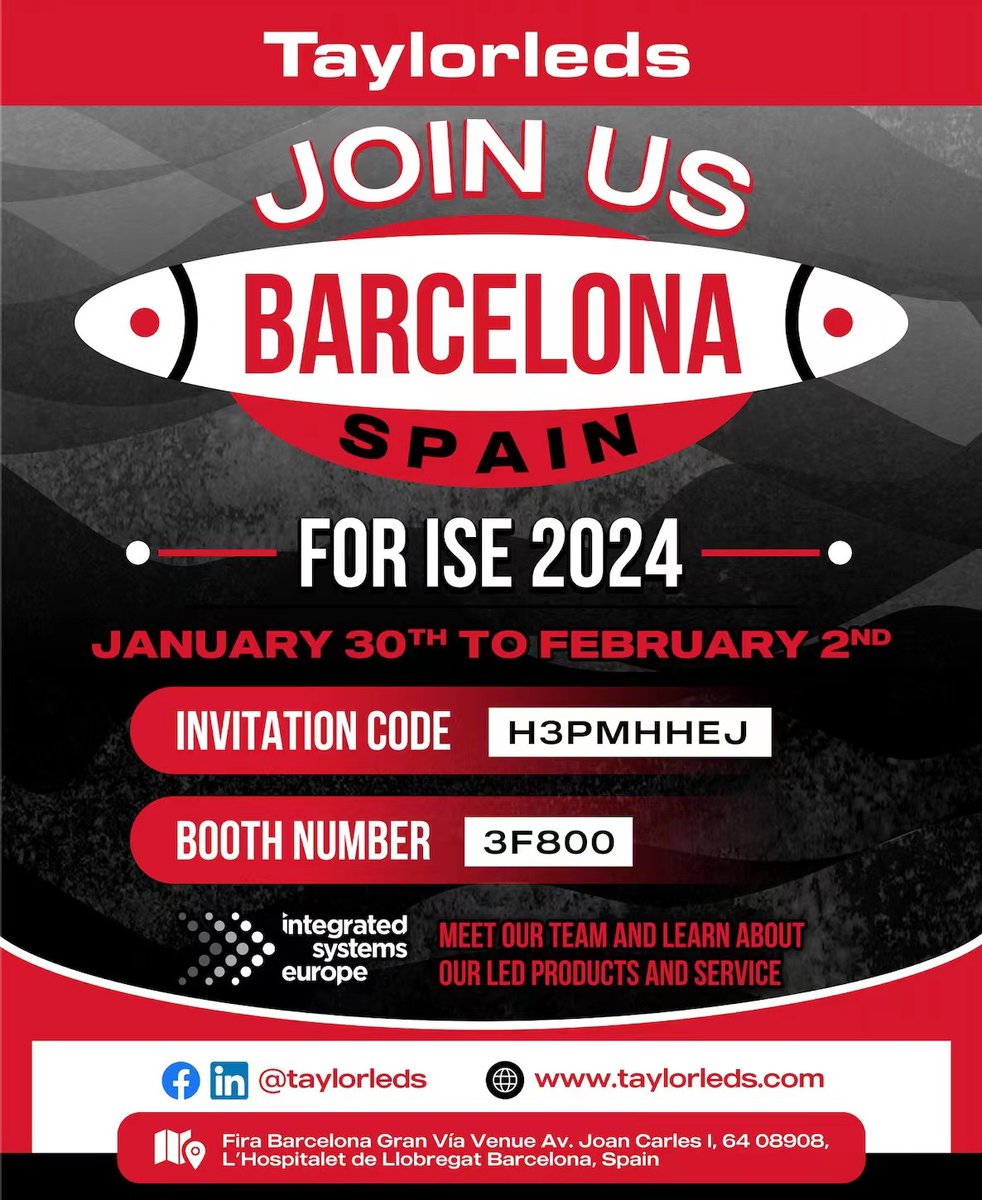 atsproled's tweet image. 🌟 We'll be attending ISE 2024 alongside our partner TaylorLeds! Can't wait to see what's in store for the #LEDIndustry. See you in Barcelona! 🌍✨

#ISE2024 #Barcelona #TaylorLeds #LEDInnovation #ProAV #LEDWalls #DVLED #AVTweeps #TechEvent #DigitalDisplays #LEDTech 🚀📺