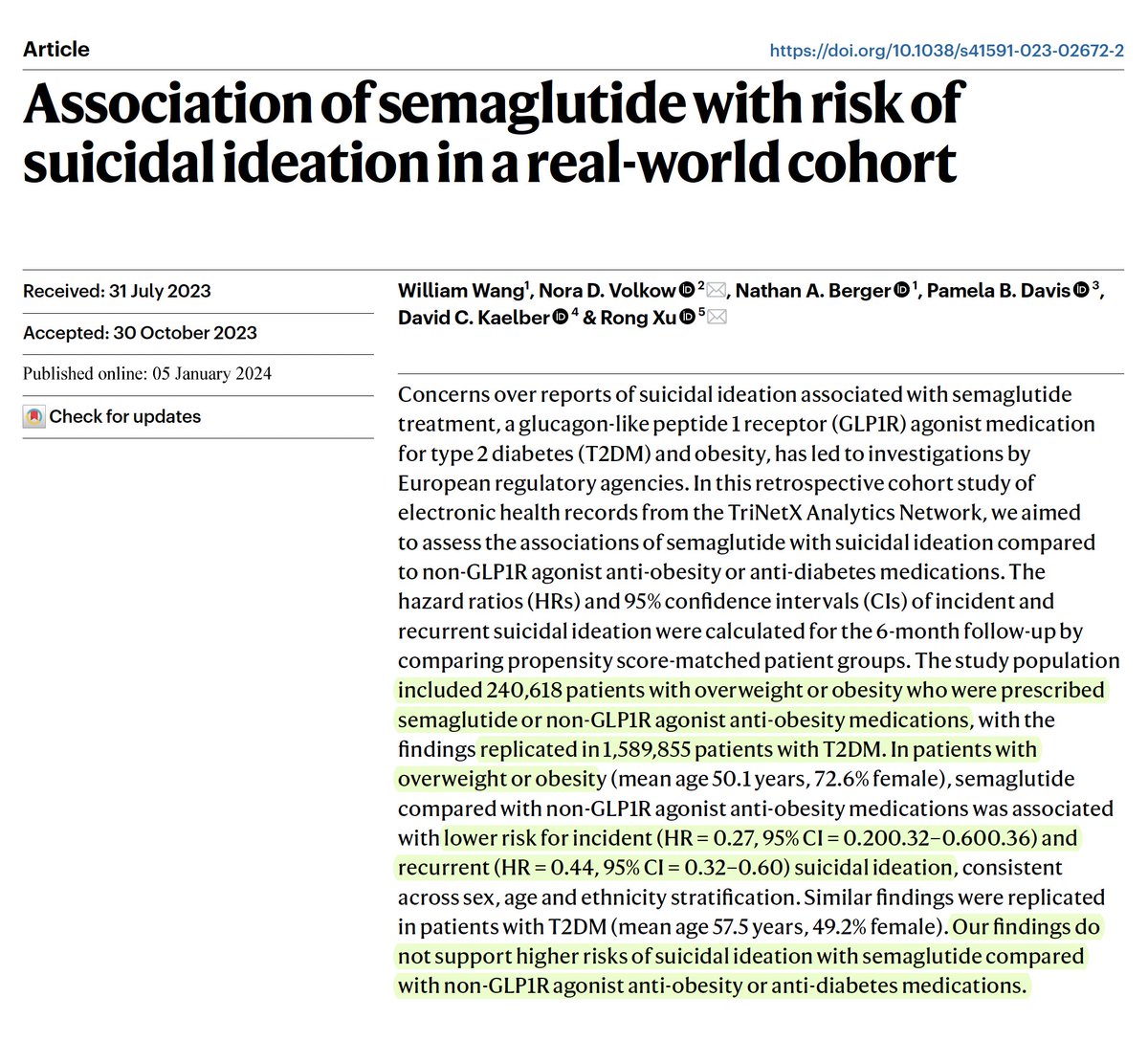 EricTopol's tweet photo. Triple-header on GLP-1 drugs (semaglutide)
1. Is it linked w suicidal ideation?
https://t.co/rprK2aaHXx
@NatureMedicine 
2. Randomized trial vs SGLT2 blocker for diabetes
https://t.co/aoeNpHz7UT
@NatMetabolism 
3. Editorial @TheLancet 
https://t.co/KTWFqzkvhv https://t.co/JkiIRGUi48