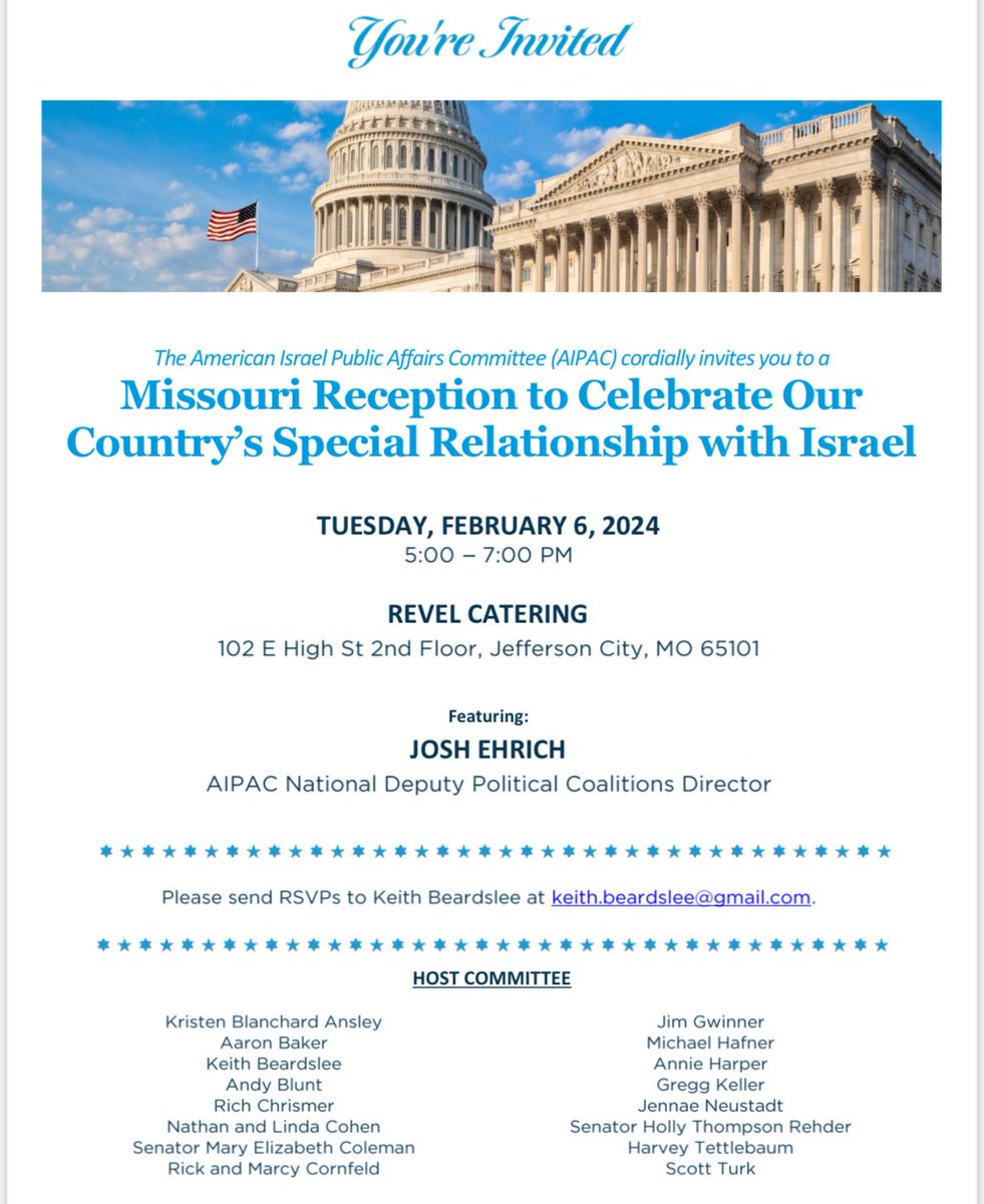 I’ll be making my once-yearly trip to Jeff City the evening of Feb. 6 to co-host an event with <a href="/AIPAC/">AIPAC 🇺🇸🇮🇱</a> honoring our country’s special relationship with Israel. This will be your only chance of 2024 to tell me in person how much you love/despise me!