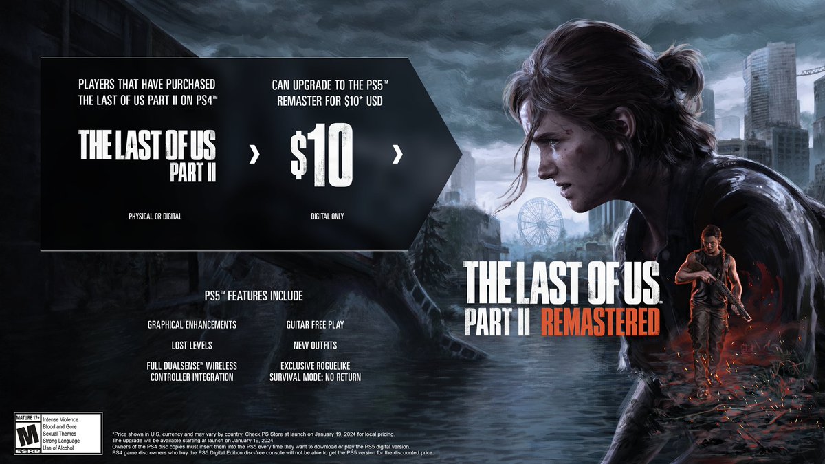 Wondering how the $10 USD upgrade for #TLOU2Remastered works?

Just go to PS Store once the game launches on January 19 to upgrade. Owners of PS4 disc copies must insert them into their PS5 with a disc drive to download and play the digital version. Price may vary by country.