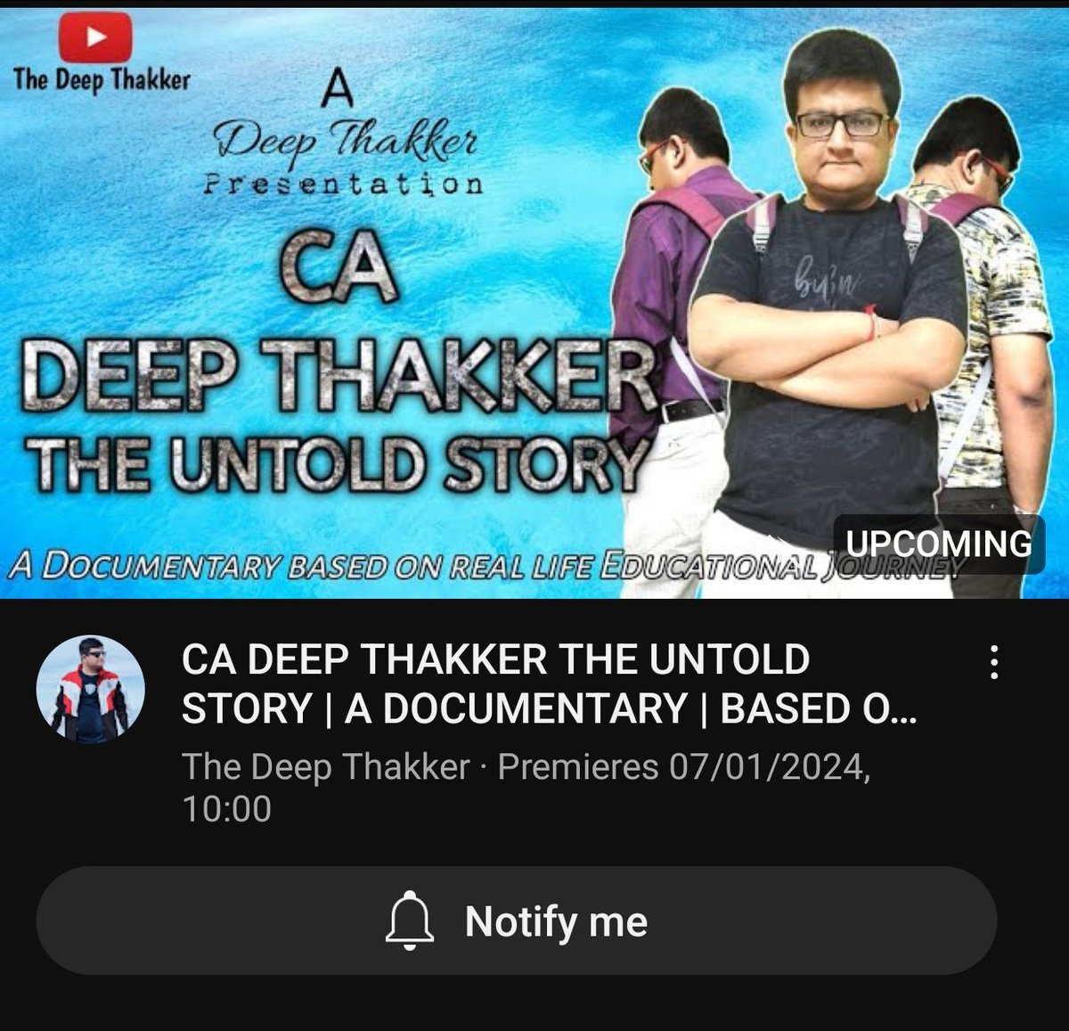 TheDeepThakker's tweet photo. The wait is over..🫶🏻
Premiere page is now live of A Documentary based on My CA Journey♥️
Releasing at 10 AM on 7th January 2024.
Click the link below and share with others as much as you can♥️

https://t.co/30MhaSgCX7

#caexams #caexam #caresult #caresults #icaiexams #icaiexam https://t.co/p4Oyxkh4H8