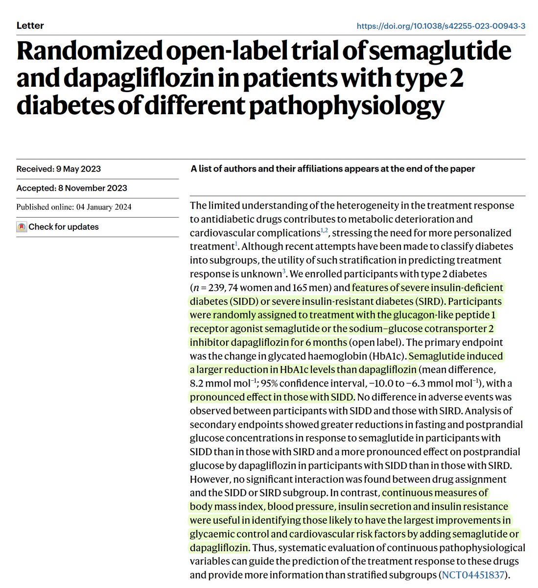 EricTopol's tweet photo. Triple-header on GLP-1 drugs (semaglutide)
1. Is it linked w suicidal ideation?
https://t.co/rprK2aaHXx
@NatureMedicine 
2. Randomized trial vs SGLT2 blocker for diabetes
https://t.co/aoeNpHz7UT
@NatMetabolism 
3. Editorial @TheLancet 
https://t.co/KTWFqzkvhv https://t.co/JkiIRGUi48