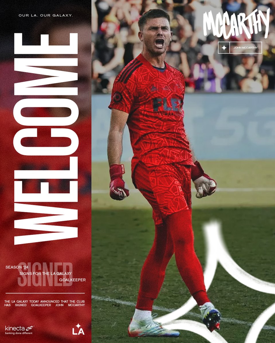 LAGalaxy's tweet photo. John McCarthy is Blue, White &amp; Gold 💙🤍💛

Goalkeeper John McCarthy has been signed to a two-year contract through the end of the 2025 MLS season.

📰: https://t.co/x5F5aqjrmN | @kinecta https://t.co/CKgtWtoCnz