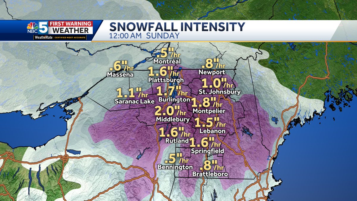 The heaviest snow (a dry consistency) and therefore the toughest travel will be from 8 p.m. Saturday to 6 a.m. Sunday. Snowfall rates of 1-2” per hour! Lighter snow lingers during the day Sunday.