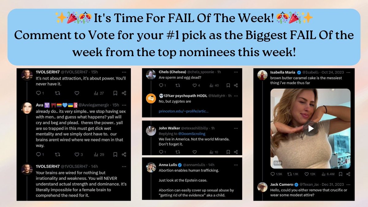 DoomScroling's tweet image. There have been a lot of nominees this week, and now you get to vote
for which is the Biggest 𝗙𝗔𝗜𝗟 𝗢𝗙 𝗧𝗛𝗘 𝗪𝗘𝗘𝗞! 🎊✨️🤣

Voting is open until 5pm Sunday!
#FailOfTheWeek