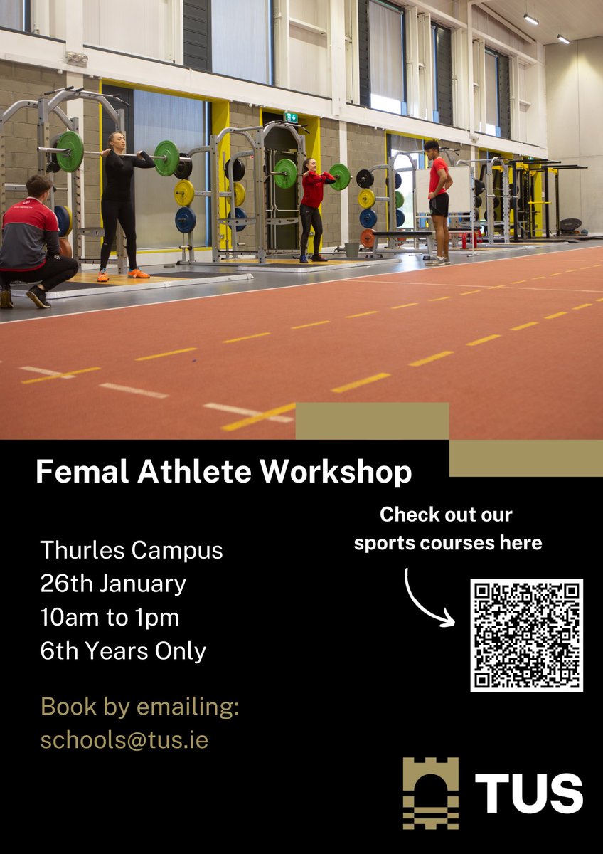 Female Only sports workshop being held on 26th of Jan in <a href="/TUS_ie/">Technological University of the Shannon</a> Thurles in the areas of Sports Nutrition and Technology. Targeting female 6th yr students who are interested in studying in both of these areas. Further info and booking email in the link tus.ie/events/female-…