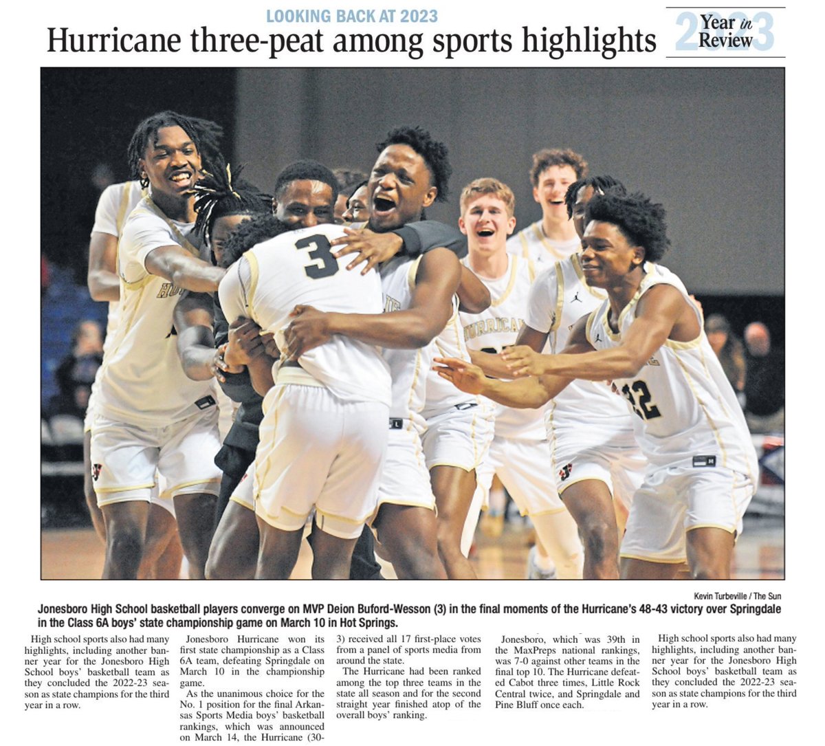 JPSHurricane's tweet photo. 🏆🏆🏆Hurricane🏀made the front page of the SUN today as they looked back 👀at 2023 highlights in sports. They were recognized for winning their 3-peat state championship titles and Coach Swift's 600th win! #JPSFlashbackFriday #CaneBB #CaneOTR @jb_hurricanebb https://t.co/oaPoid3YIb