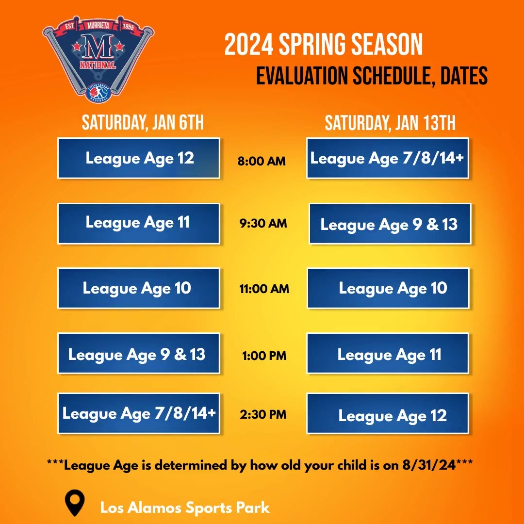 2024 Spring evaluations begin tomorrow, January 6th at 8am! See below for the time that correlates with your Childs "league age".