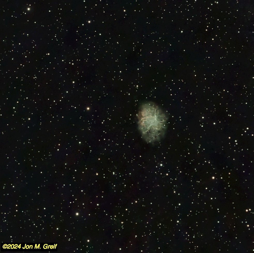 This is the the Crab Nebula, a supernova remnant, what’s left of an exploded neutron star, imaged from our backyard last night in an unusually (for recent weeks) clear dark sky. The image is from a stack of over 200 10-second frames using a SeeStar smart-scope. #Astrophotography