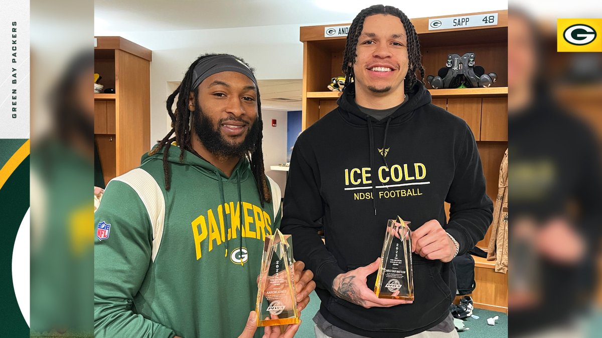 packers's tweet photo. #Packers RB Aaron Jones &amp; WR Christian Watson have been selected as the 2023 Tom Mulhern Stand-Up Guy Award recipients, as voted on by the Green Bay chapter of the Professional Football Writers of America.

📰: https://t.co/ZN6lwUbzYl 

#GoPackGo https://t.co/O1xo4gs4lG