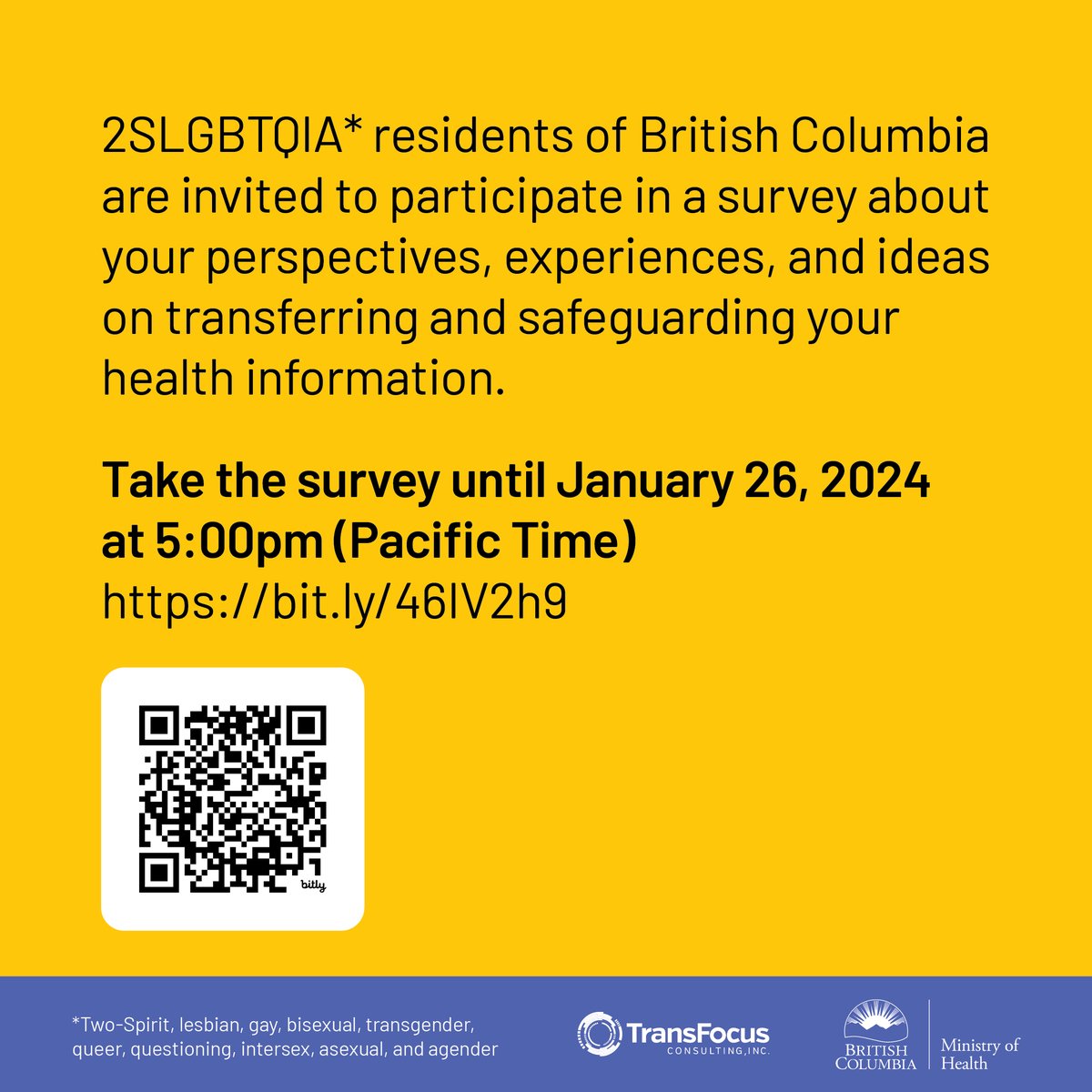 2SLGBTQIA+ residents in BC are invited to take survey on health information until Jan 26, 2024: bit.ly/46IV2h9. The survey takes around 15 min & will shape the new health info management framework. Survey is a collaboration b/w BC Ministry of Health & @transfocused.