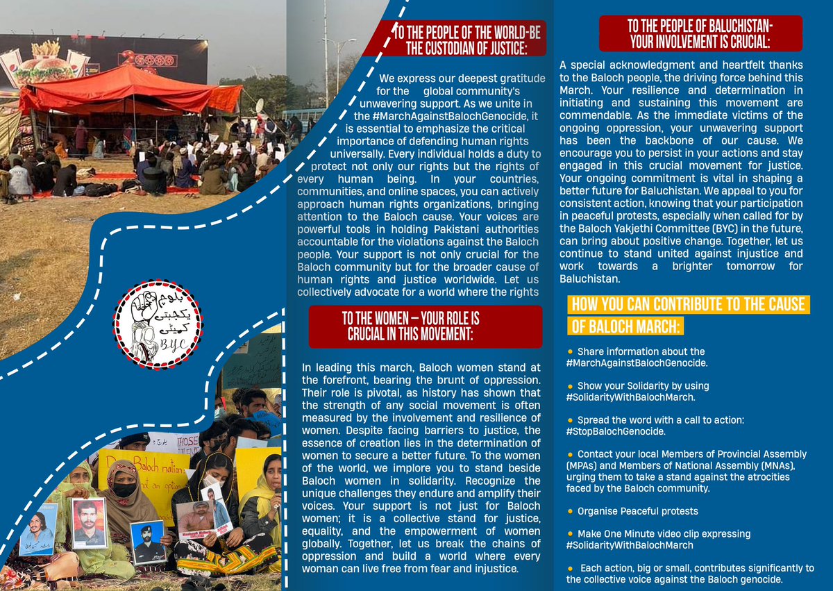 BalochYakjehtiC's tweet photo. How You Can Contribute to the Cause of Baloch March:

-> Share information about the #MarchAgainstBalochGenocide.
-> Show your Solidarity by using #SolidarityWithBalochMarch.
-> Spread the word with a call to action: #StopBalochGenocide.
-> Contact your local Members of Provincial Assembly (MPAs) and Members of National Assembly (MNAs), urging them to take a stand against the atrocities faced by the Baloch community.
-> Organise Peaceful protests 
-> Make One Minute video clip expressing #SolidarityWithBalochMarch 
-> Each action, big or small, contributes significantly to the collective voice against the Baloch genocide.