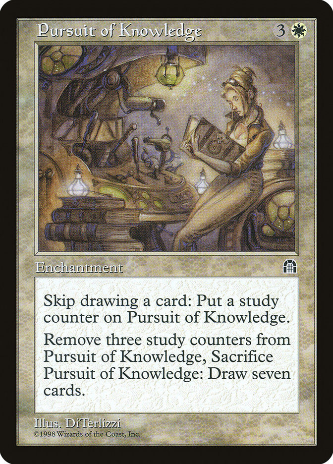 @GavinVerhey Turn after playing Pursuit, you skip drawing the cards from Sylvan Library ability. Because that draw was skipped, you don’t need to pay life or return anything to the top of library - so in one turn you put 3 study counters and can later sac pursuit to draw 7. Easy.