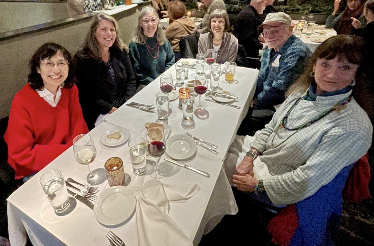 Tushingham's tweet photo. What a treat! A lovely evening in Dec w/ @calacademy UC Berkeley Anthro Fellows from @ARF_UCB @CalAnthro ! L to R: @junkuhabu, @tushingham, Roberta Jewett, Meg Conkey, Kent Lightfoot, Christine Hastorf (photo: Miles Lantier) Many thanks warm welcome &amp; awesome meal at Il Davide! https://t.co/BpeORMkYTD