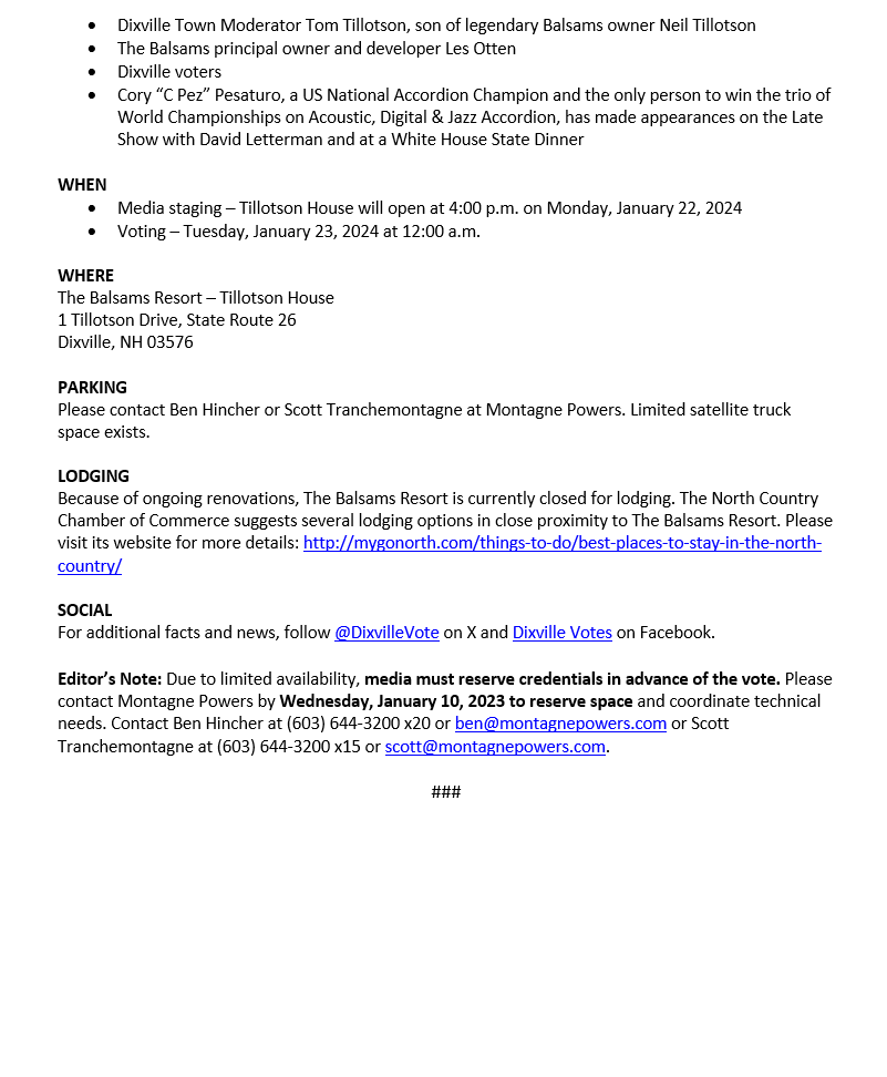 DixvilleVote's tweet photo. If you want to learn more about this year’s #vote, or if you are interested in covering it, please read the advisory below ⬇️

🧵2/2

#NHPolitics #NHPrimary https://t.co/fbyd9JTbwo