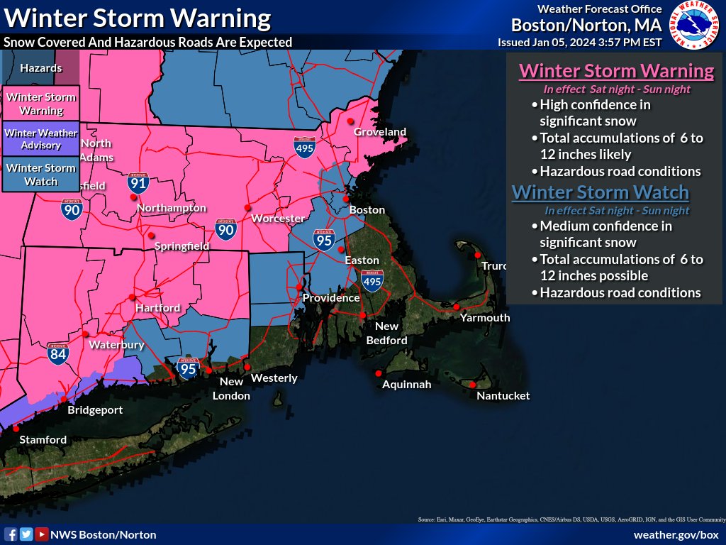 NWSBoston's tweet image. Winter Storm Warning

* High Confidence in 6-12 inches of snow

* Hazardous travel  expected

Winter Storm Watch

* Medium Confidence in 6-12 inches of snow

* Rain snow line uncertain east of I-95

* Flash freeze possible late Sunday afternoon

* Hazardous travel likely