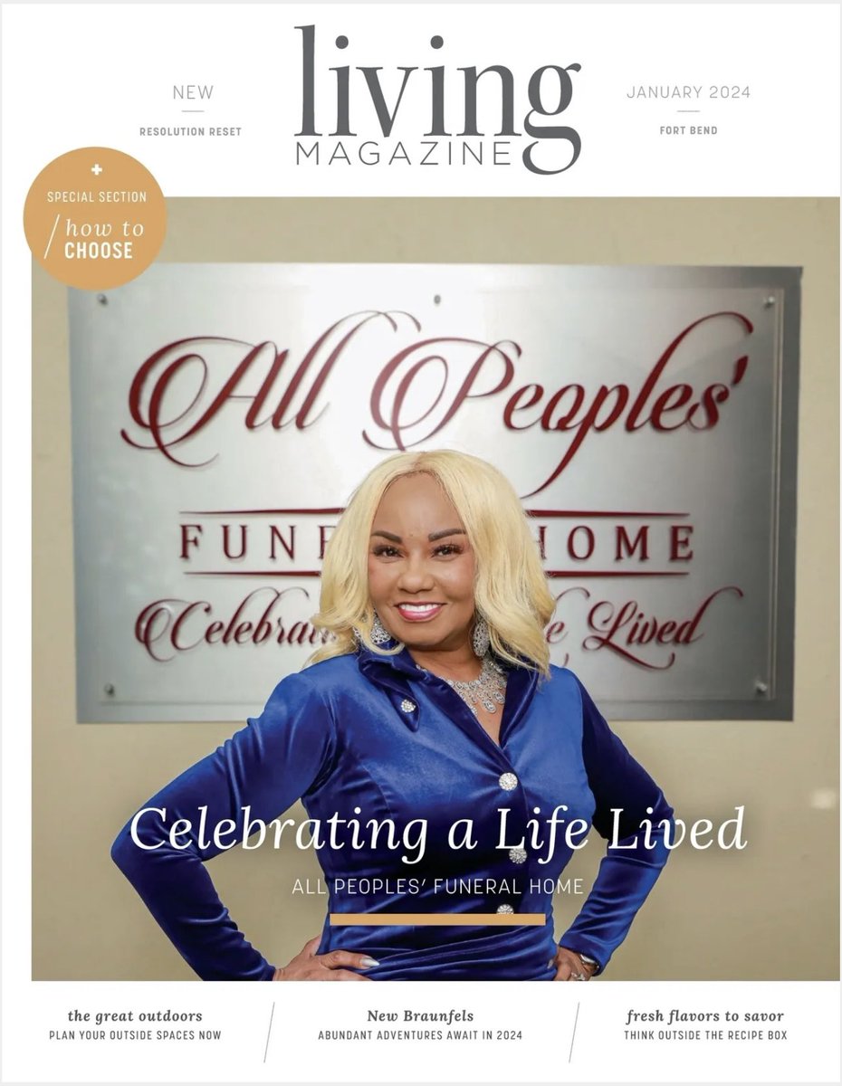 AllPeoplesFH's tweet photo. "We are so excited and honored that Living Magazine Fort Bend has featured All Peoples' Funeral Home as their January Cover Story! What a way to bring in 2024!! Thank you Living Magazine! 🙌🏼🥰

#allpeoplesfuneralhome #trending 
#twitter #UnitedStates #HappyNewYear2024 https://t.co/d2sg8lqEBt
