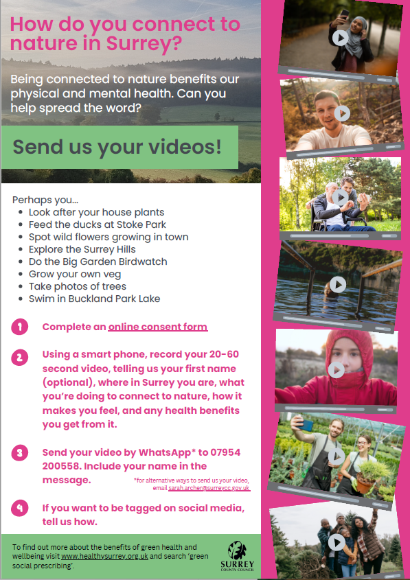 Love nature? Help spread the word by filming a short clip about what nature means to you for @HealthySurrey. Online consent form is at tinyurl.com/4b2ujcyu and find out more here 👇