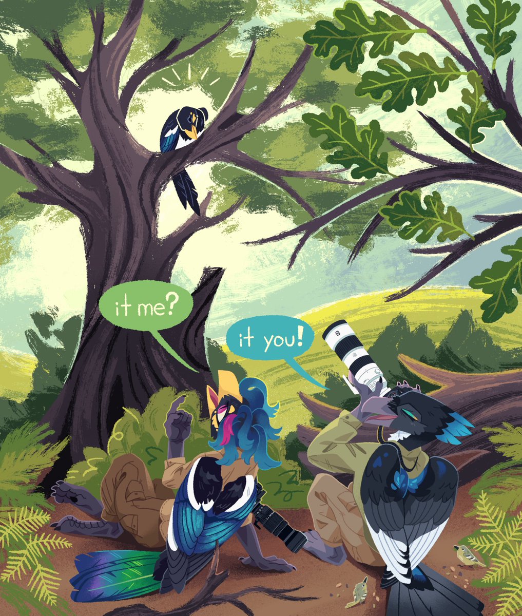 Just a bird watching birdwatching birds watch back!

Today is #NationalBirdDay, love these lil dinosaurs so much 🐦‍⬛✨

Jyki is <a href="/Jykinturah/">jykinturah.corvid.dev</a>
Art by @strflr