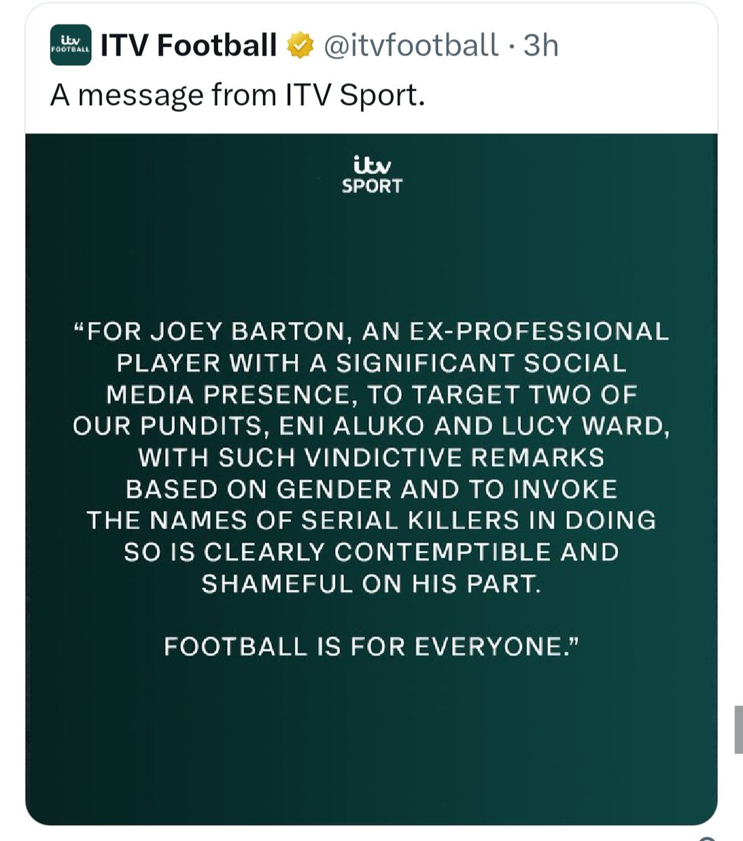 Well done <a href="/itvfootball/">ITV Football</a> in your response to Joey Bartons comments on Eni Aluko and Lucy Ward. 

Gender doesn't deternine Pundit skills like being a Profesional Footballer doesn't make you a great Football Manager. 
 #EqualityMatters  #FM24 <a href="/SEGA/">SEGA</a>