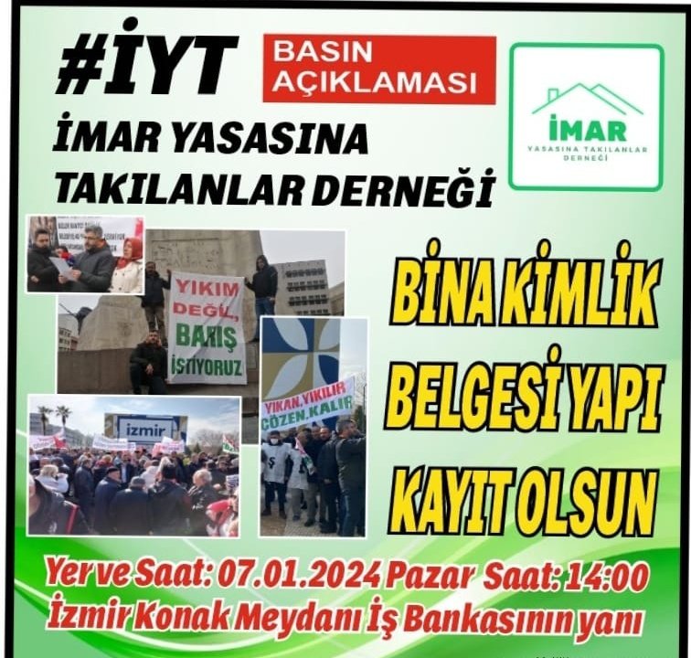 Büyük rant baronlarının çıkarlarını korumak için imar affı çıkaranların, mağdur ettikleri  ve bu mağduriyetten ağır para ve hapis cezasına maruz bıraktıkları kişilerin haklarını savunmak için kurulan  İmar Yasasına Takılanlar Derneği  İzmir'de büyük buluşma gerçekleştiriyor.