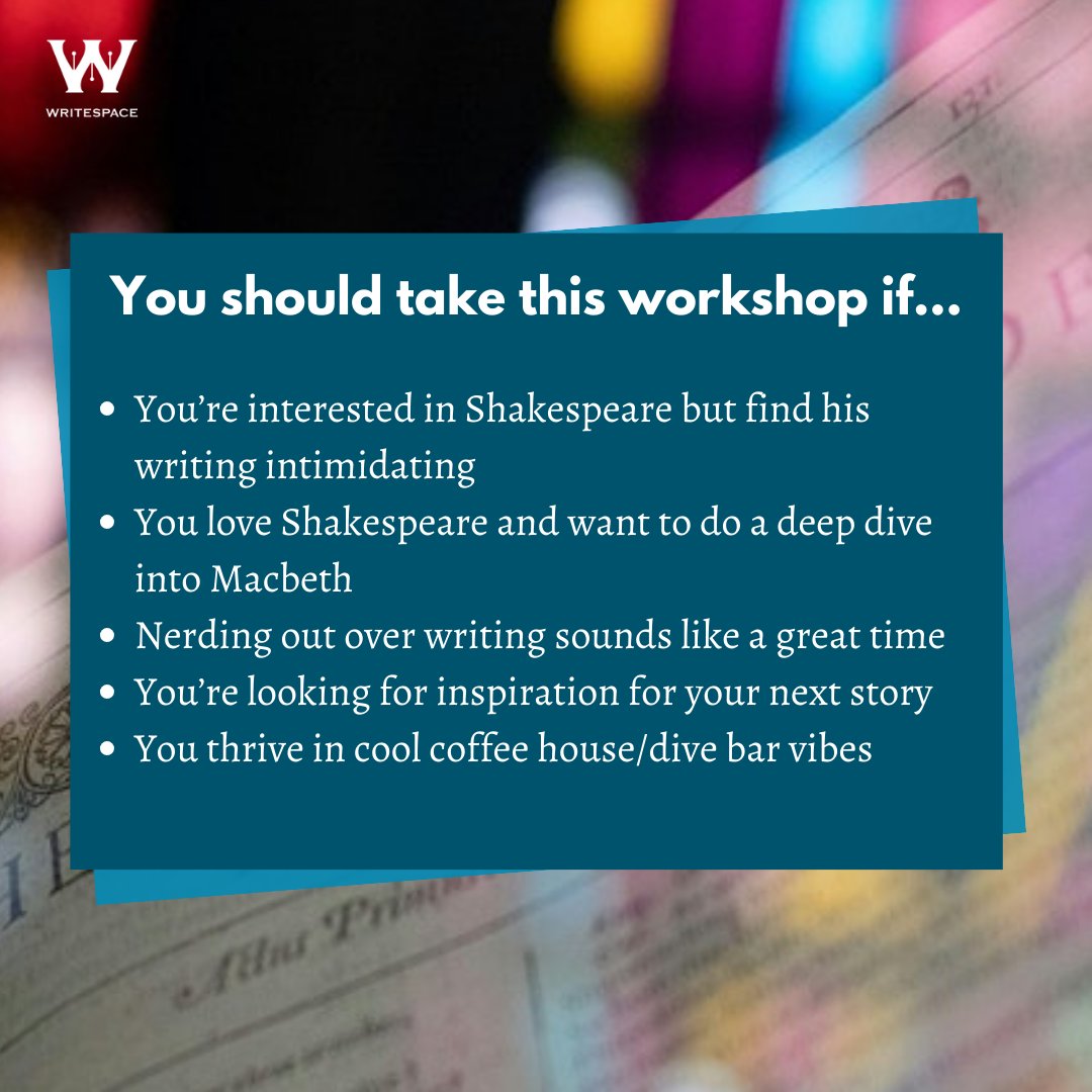 WritespaceHTown's tweet photo. This month, we have a #WritingWorkshop on #Macbeth. Join award-winning writer Scott Repass as we get inspired by the bard himself: #WilliamShakespeare. Early bird pricing now!

https://t.co/PHj6f3xWrr

#HoustonWritingCommunity #HoustonEvents #HTownWriters #HTownCreatives https://t.co/rQkPANYDHl