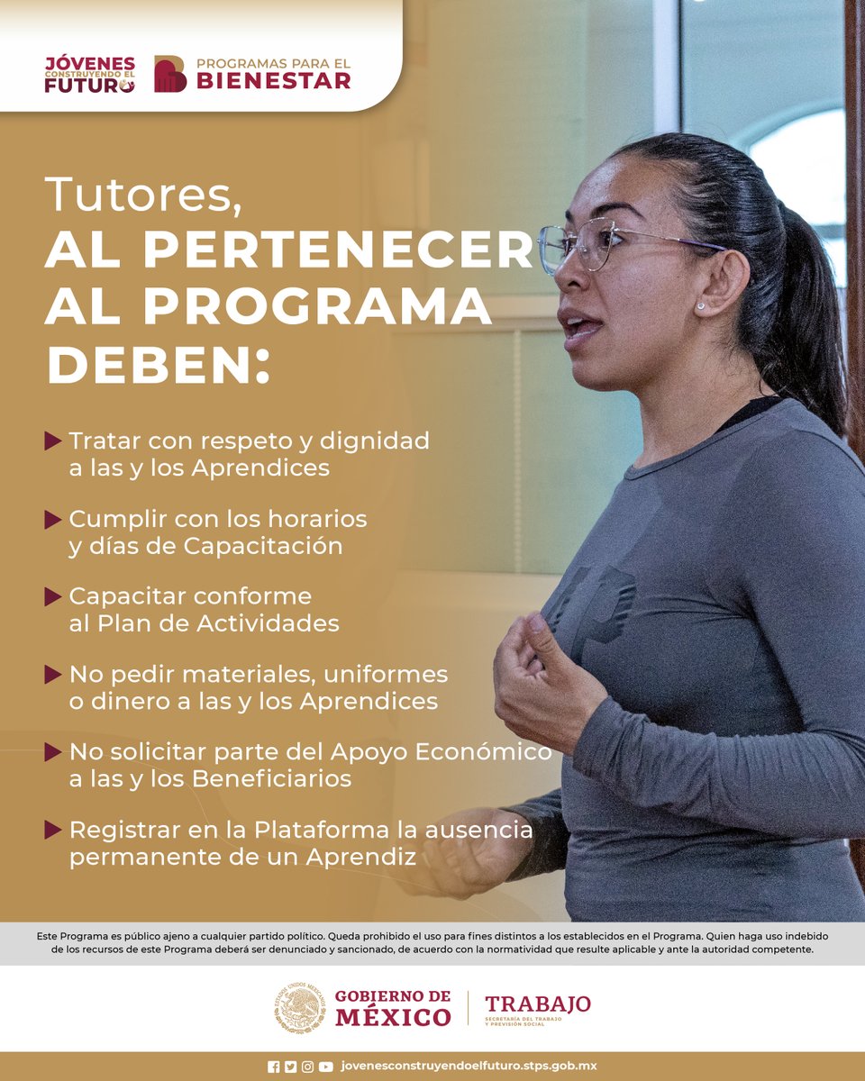 JovConFuturo's tweet image. 💢 👨 TUTORES: 
 
Les queremos agradecer 🫶por formar parte de #JCF y contribuir a #transformar a la juventud de 🇲🇽. 
 
👉Es importante que conozcan los compromisos que tienen con sus Aprendices y el #Programa.