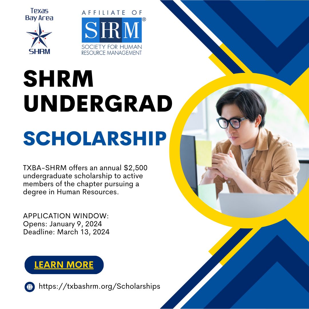 txbashrm's tweet image. Is completing your SHRM-CP Certification on your 2024 bucket list?

TXBA-SHRM has partnered with SHRM.org to offer a $2,500 Undergraduate Scholarship for TXBA SHRM members to help grow the HR profession. 

txbashrm.org/scholarships