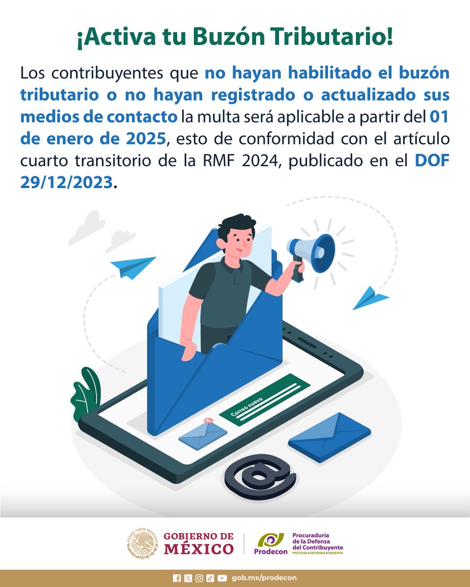 ProdeconMexico's tweet photo. #AvisoImportante

La autoridad puede multar hasta por 10 mil pesos 💰a los contribuyentes que no hayan habilitado el buzón tributario o no hayan registrado o actualizado sus medios de contacto. 

📮Para activar tu buzón tributario da clic a este enlace y te explicamos cómo hacerlo https://t.co/qaYxvt1U6F