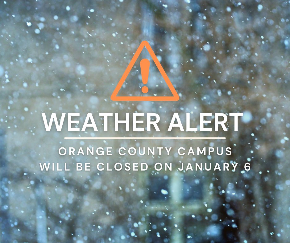 Orange County Campus (@durhamtech_oc) on Twitter photo <a href="/DurhamTech_OC/">Orange County Campus</a>, located in Hillsborough, will be closed on Sat, 1/6/24 due to the threat of inclement weather. All other <a href="/durhamtech/">Durham Tech</a> locations will remain open w/ normal operations. <a href="/DurhamTech_OC/">Orange County Campus</a>, located in Hillsborough, will be closed on Sat, 1/6/24 due to the threat of inclement weather. All other <a href="/durhamtech/">Durham Tech</a> locations will remain open w/ normal operations.