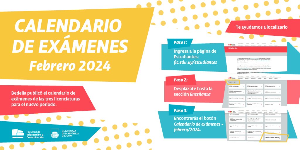 FicUdelar's tweet photo. 📢 𝐀𝐭𝐞𝐧𝐭𝐢 𝐞𝐬𝐭𝐮𝐝𝐢𝐚𝐧𝐭𝐞𝐬 😊

✍️Bedelía publicó el calendario de exámenes de febrero 2024. 

Detallamos los pasos 👣para dar con la información: 
https://t.co/7hSvV86ubD https://t.co/O97T5PGNfn