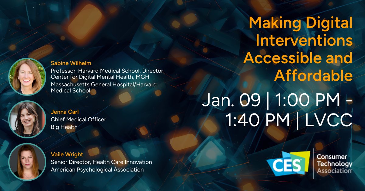 MGHCDMH's tweet photo. Dr. Sabine Wilhelm will be speaking at CES 2024! Join her in Las Vegas. https://t.co/HhVRgoZGsf #PsyTechCES #CES2024📷
@APA @SWilhelmPhD https://t.co/uDbT7REzF2