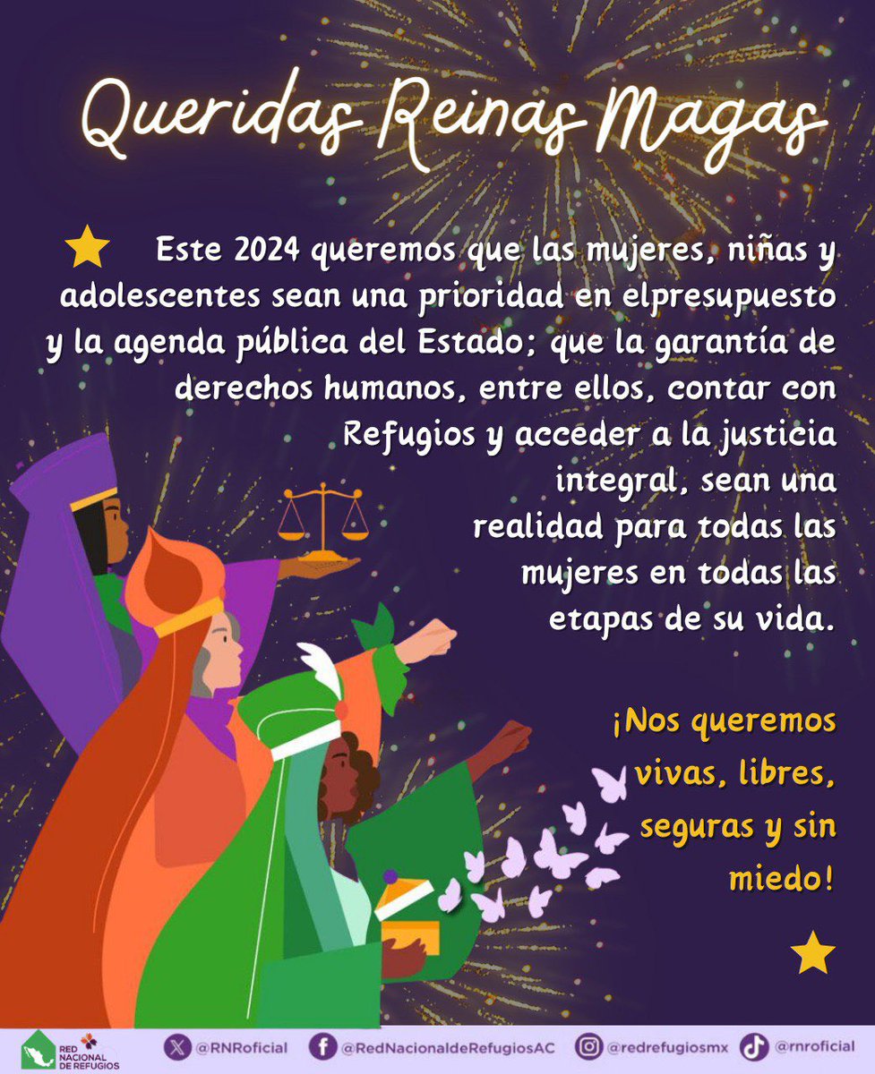 RNRoficial's tweet photo. 💜En la Red Nacional de Refugios le pedimos a las Reinas Magas 👑 aquello que el Estado se ha negado a darnos: IGUALDAD, JUSTICIA Y UNA VIDA LIBRE DE VIOLENCIAS

🟣💚Cuéntanos ¿tú qué le pedirías a las Reinas Magas?👑

#NiUnaMas https://t.co/eNnOq5dNHM