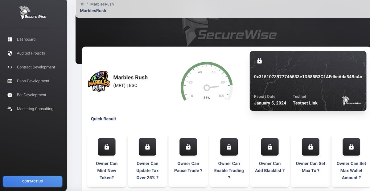 SecureWise (@securewiseaudit) on Twitter photo We are happy to announce that <a href="/MarblesRush/">Marbles Rush - Relaunch Soon</a> has completed SAFU Smart Contract AUDIT with SecureWise
Check out the report
audits.securewise.org/MarblesRush
Marbles Rush (MRT)
marblesrush.io
#BSC #BSCNews #BSCGEMS #Audit We are happy to announce that <a href="/MarblesRush/">Marbles Rush - Relaunch Soon</a> has completed SAFU Smart Contract AUDIT with SecureWise
Check out the report
audits.securewise.org/MarblesRush
Marbles Rush (MRT)
marblesrush.io
#BSC #BSCNews #BSCGEMS #Audit