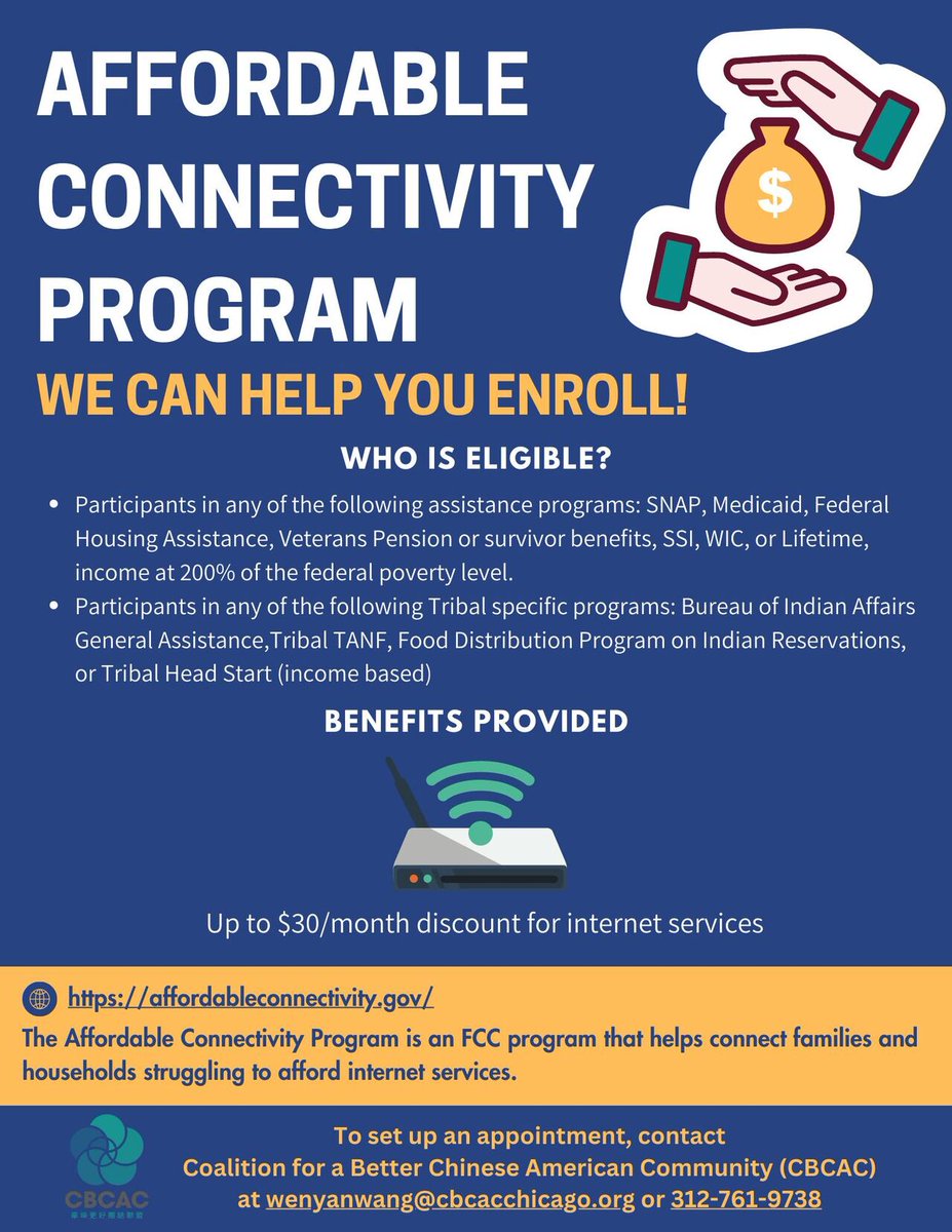 CBCACchicago's tweet photo. Affordable Connectivity Program is a FCC program that helps connect families and households struggling to afford internet services. CBCAC can help you enroll for up to $30/mo internet service fee if you need any assistance! Contact at wenyanwang@cbcacchicago.org or 312-761-9738. https://t.co/VZqUC3mfBm