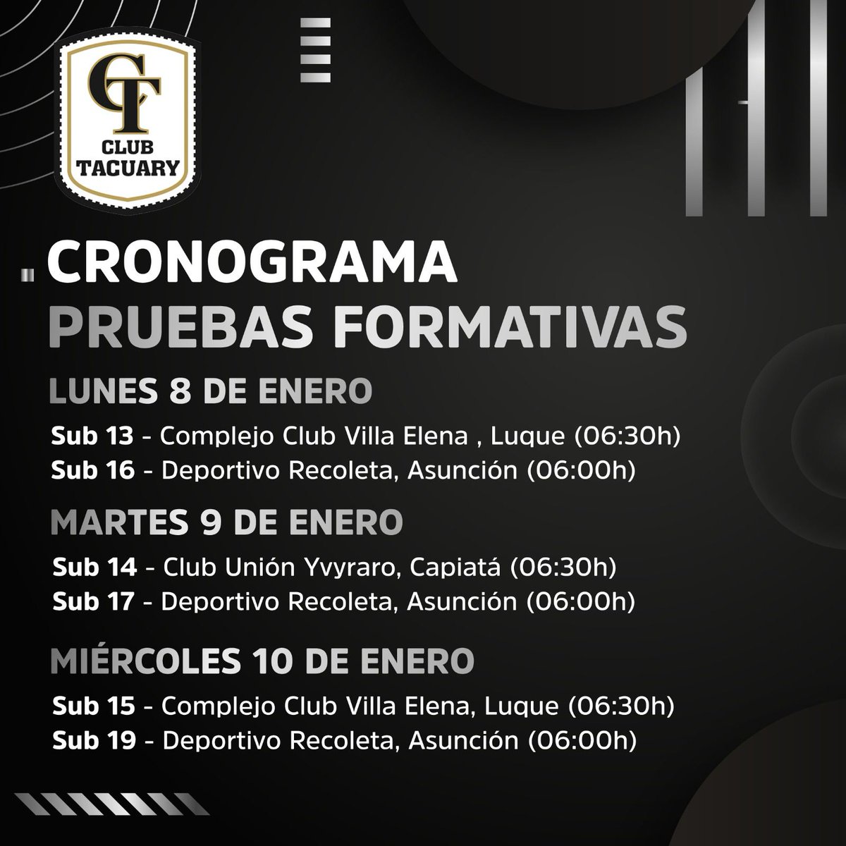 TacuaryOficial's tweet photo. ¿QUERÉS FORMAR PARTE DE LA GRAN CANTERA DEL TACUA?

Esta es tu oportunidad para formar parte del plantel de la Gran Cantera del Tacua 🏁

Te dejamos los días pruebas de las distintas categorías.

#VamosTacua⚽️💪🏻
#LaGranCanteraDelTacua https://t.co/ORIjcHl95R